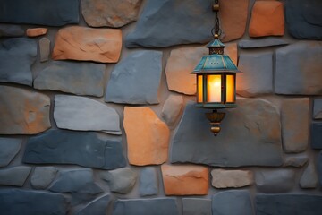 rustic metal lantern on stone wall at dusk