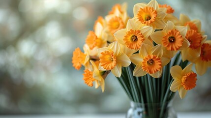  a vase filled with yellow daffodils sitting on top of a window sill with a blurry background of trees in the backgropped area.