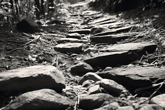 A black and white photo capturing a rocky path. Ideal for adding a touch of nature and simplicity to any project
