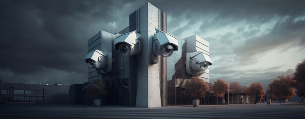 Dystopian futuristic Camera on a Building - Generative AI - 724751237