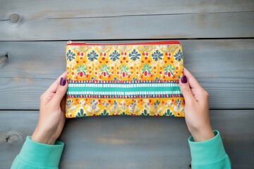 top view of hands holding a colorful fabric empty wallet - obrazy, fototapety, plakaty