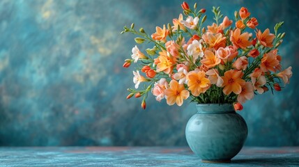  a blue vase filled with orange flowers on top of a blue table cloth covered tablecloth with a blue wall behind it and a blue wall behind the vase with orange flowers.