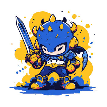 Strong warrior knight brandishing a sword in anime style. Warrior knight game character design image.
