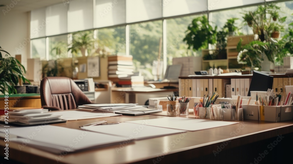 Poster a cluttered desk with various papers and pens. suitable for office and organization concepts