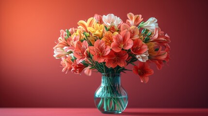  a vase filled with lots of colorful flowers on top of a pink counter top next to a red wall and a red wall behind the vase is filled with orange and white flowers.