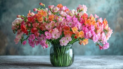  a glass vase filled with lots of pink and orange flowers on top of a white table next to a green vase filled with pink and orange flowers on the side.