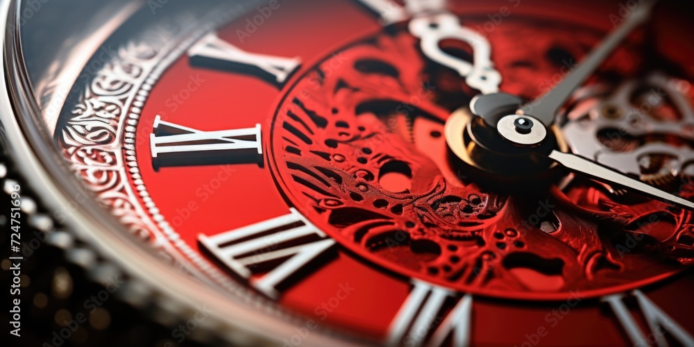 Fototapete a detailed close-up view of a red clock with roman numerals. perfect for time management concepts an