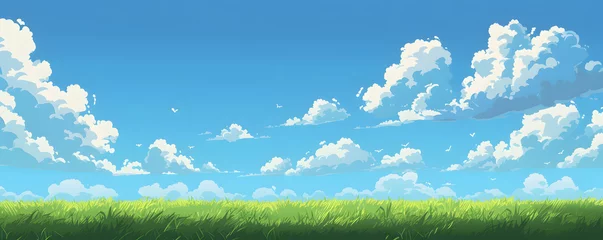 Gordijnen Beautiful grassy fields under a summer blue sky with fluffy white clouds blowing in the wind. Wide format image captures the sky behind a green field, creating a serene landscape of anime backgrounds. © jex