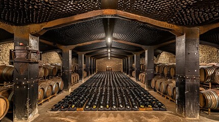 An underground wine cellar with exposed stone walls, evoking a sense of history and tradition.