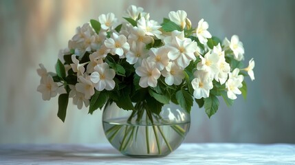  a glass vase filled with white flowers sitting on top of a white table covered with a white table cloth and a white wall behind the vase is filled with white flowers.