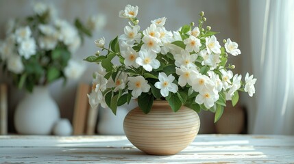  a vase filled with white flowers sitting on top of a table next to a vase filled with green leaves and white flowers on top of a table next to another vase with white flowers.
