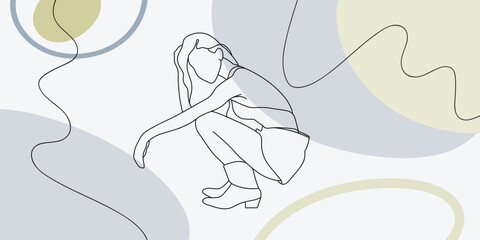Woman body with fashionable stylish templates. Line art abstract yellow and blue shapes and lines in pastel colors. Neutral background in a minimalist style. Modern vector illustration