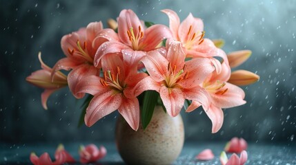  a vase filled with pink lilies sitting on top of a table next to petals of pink tulips on a blue surface with drops of water falling down on it.