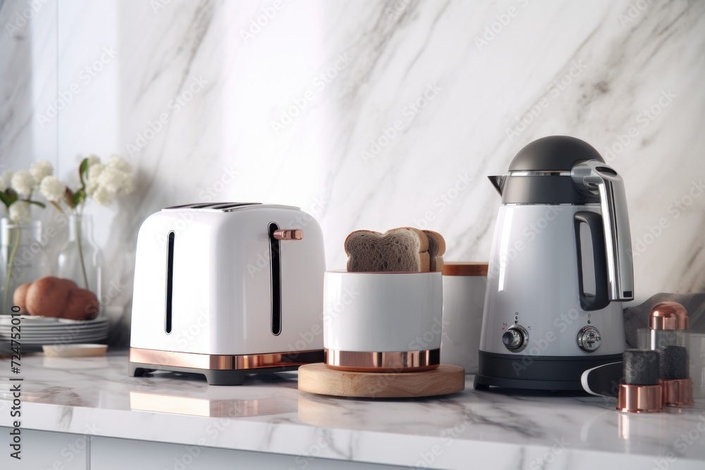 Poster A picture of a kitchen counter with multiple toasters. This versatile image can be used in various contexts related to cooking, breakfast, appliances, and home decor