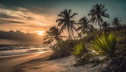 Fototapete Dzika, tropikalna plaża, zachód słońca. Generative AI © mycatherina
