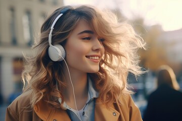A woman wearing headphones smiles and looks directly at the camera. This image can be used to convey happiness, enjoyment, or the concept of music