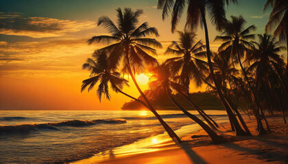 Dzika, tropikalna plaża, zachód słońca. Generative AI - obrazy, fototapety, plakaty