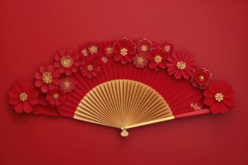 Red paper fans top view, Happy Chinese New Year banner design.