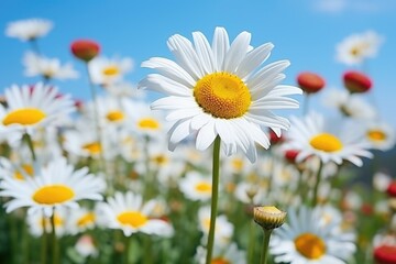 Fototapeta premium A beautiful field filled with white and yellow flowers under a clear blue sky. Perfect for springtime or nature-themed projects