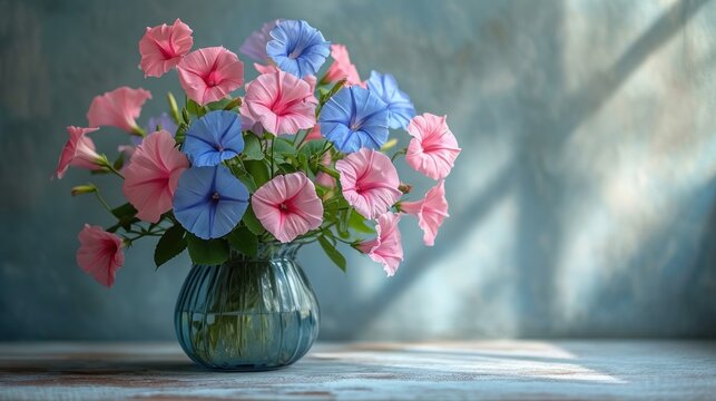  a vase filled with pink, blue and pink flowers on top of a wooden table in front of a blue and gray wall with a shadow of a window behind it.