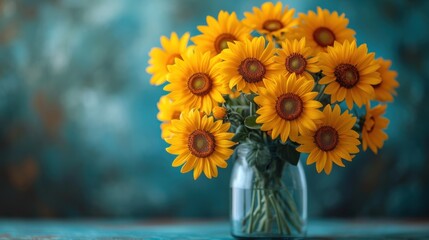  a vase filled with yellow sunflowers sitting on top of a blue table next to a teal colored wall and a blue wall behind the vase is a vase with a bouquet of yellow sunflowers.