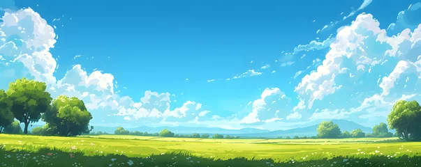 Fototapeten Beautiful grassy fields under a summer blue sky with fluffy white clouds blowing in the wind. Wide format image captures the sky behind a green field, creating a serene landscape of anime backgrounds. © jex