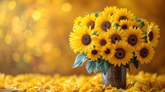 a vase filled with lots of sunflowers sitting on top of a bed of yellow flowers in front of a yellow boke of boke of blurry background.