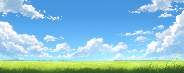 Beautiful grassy fields under a summer blue sky with fluffy white clouds blowing in the wind. Wide format image captures the sky behind a green field, creating a serene landscape of anime backgrounds.