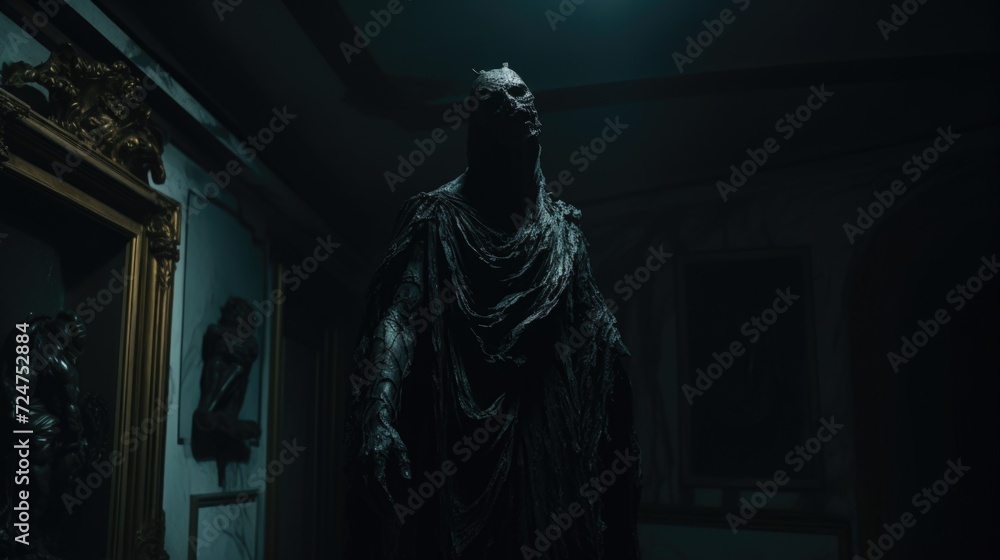 Poster a statue of a man standing in a dimly lit room. perfect for adding an eerie atmosphere to your proje