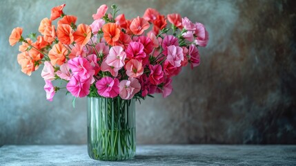  a vase filled with lots of pink and orange flowers on top of a white table next to a gray wall and a gray wall behind the vase is filled with pink and orange flowers.