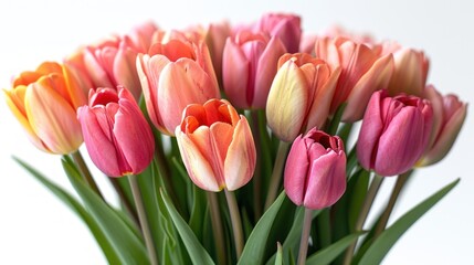  a bunch of pink and yellow tulips are in a vase on a white background, with green stems in the foreground and a white wall in the background.