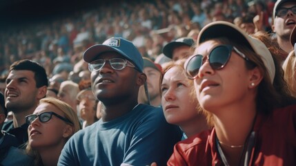 A group of people sitting in a stadium, attentively watching an event. Suitable for sports, concerts, or any live event concept
