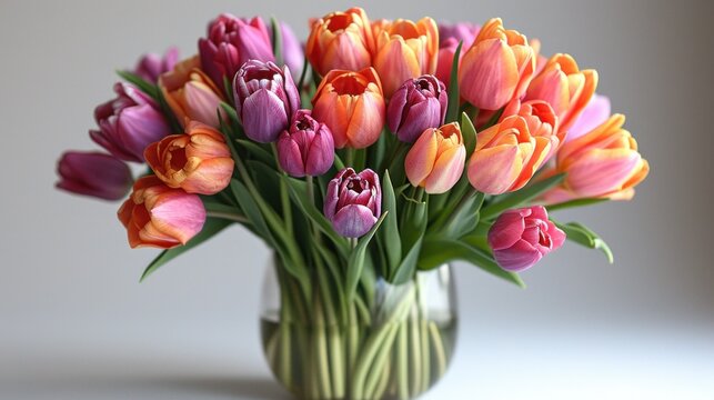  a vase filled with lots of colorful tulips on top of a white table and a gray wall behind the vase is a vase with many pink and orange tulips in it.