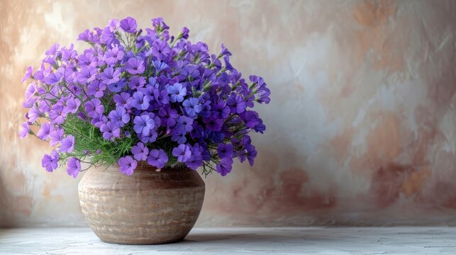  a vase filled with purple flowers sitting on top of a white counter top next to a pink and brown wall and a wall behind the vase is a brown vase with purple flowers.