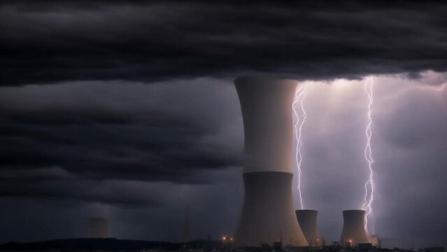 Lightning Bolt Strikes Behind Nuclear Power Plant. Generative AI.