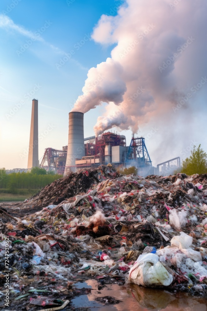 Aufkleber A pile of garbage with a factory in the background. This image can be used to depict pollution and environmental issues