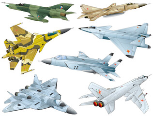 7 types of modern USSR and Russia jet engine fighter image vector Illustration set. - obrazy, fototapety, plakaty