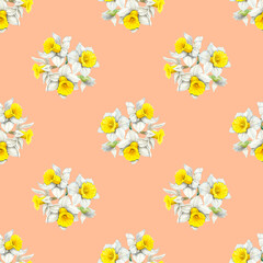Watercolour daffodils spring flowers decor illustration seamless pattern. On Peach background. Seasonal. Hand-painted. Botanical Floral elements. For interior print decoration, fabric, wrapping. 