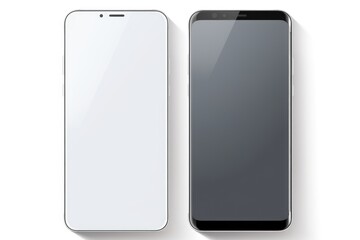 Two phones, one white and one black, placed next to each other. Suitable for illustrating technology, communication, or comparison concepts