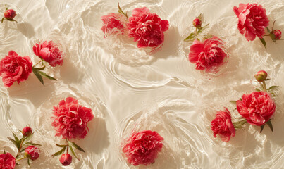 Obraz na płótnie Canvas red peonies floating on rippling water surface flat lay, for cosmetic ad 
