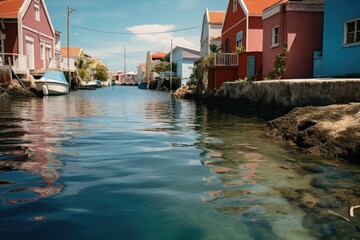 A picturesque view of a row of houses next to a serene body of water. Perfect for showcasing waterfront living.