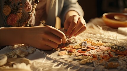 Woman Concentrated on Embroidering a Beautiful Design With Needle and Thread, passover