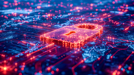 A radiant red padlock on a circuit board signifies cybersecurity and protected digital networks.
