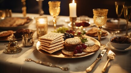 Fototapeta na wymiar Plate of Crackers and Fruit on Table, passover