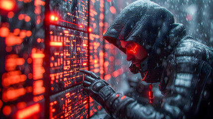 A cyberpunk-themed hacker works on data servers under red neon lights in the rain, symbolizing cybersecurity.
