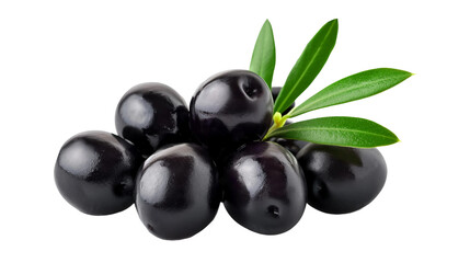 Black olives with leaves isolated on transparent background