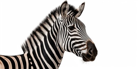 A detailed view of a zebra's head against a clean white background. Perfect for wildlife enthusiasts or animal-themed projects