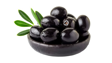 Black olives with leaves isolated on transparent background