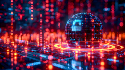 Futuristic digital world concept with a globe composed of binary code on a vibrant matrix background.
