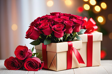Heart-shaped chocolates and red roses for Valentine's Day.